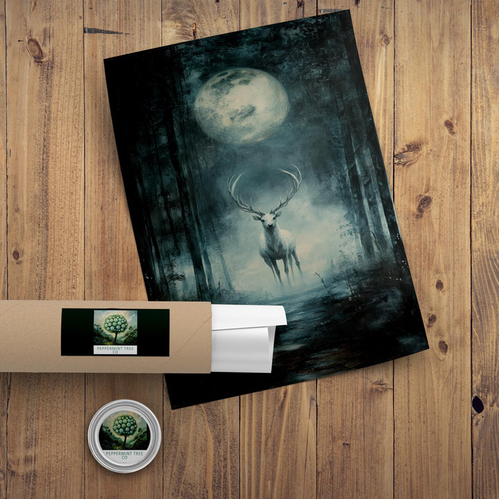 White Stag Moon Print, Vintage Forest Illustration