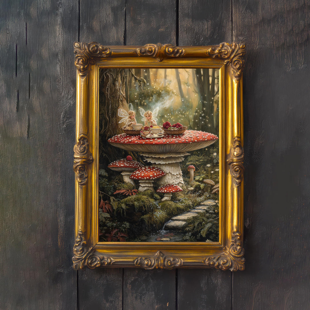Fairy Picnic Art Print, Vintage Acorn Teacup Illustration