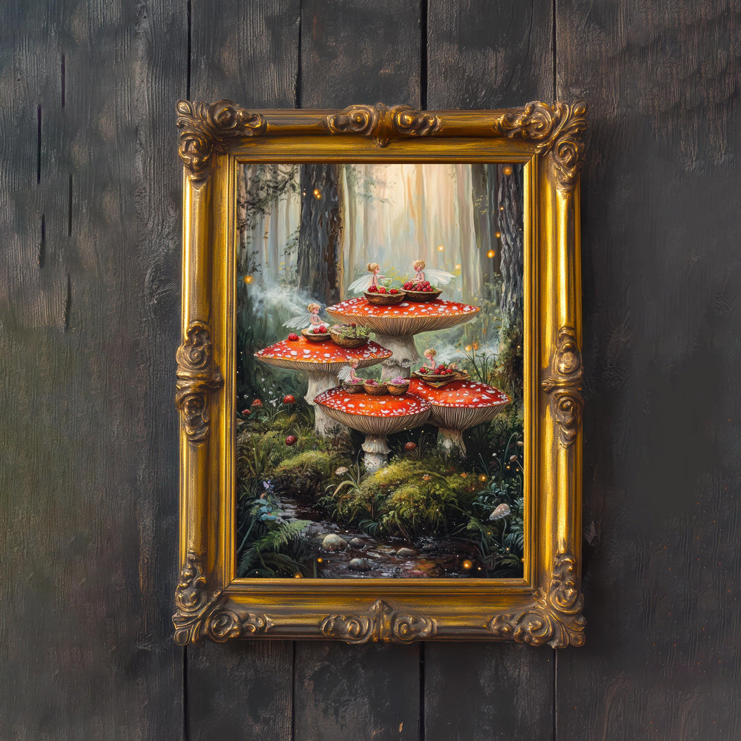 Fairy Picnic Print: Acorn Teacup, Vintage Forest Illustration