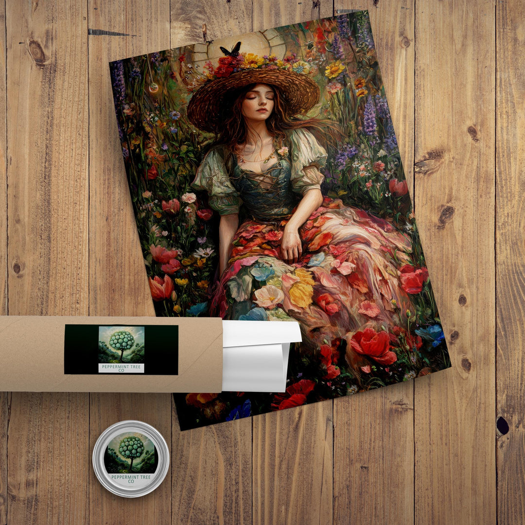 Rainbow Garden Witch Print, Vintage Cottagecore Art