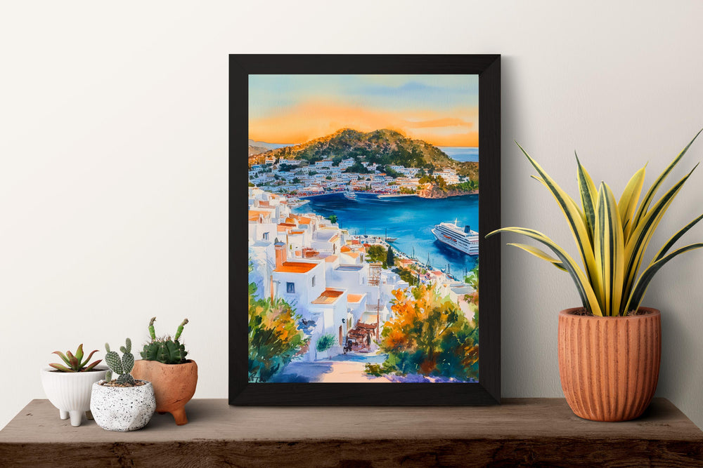 Patmos Watercolor Poster Greece Travel Print Wall Art Home Decor Gift Greek Isle Souvenir Monastery Cave Beach Wall Decor Hanging