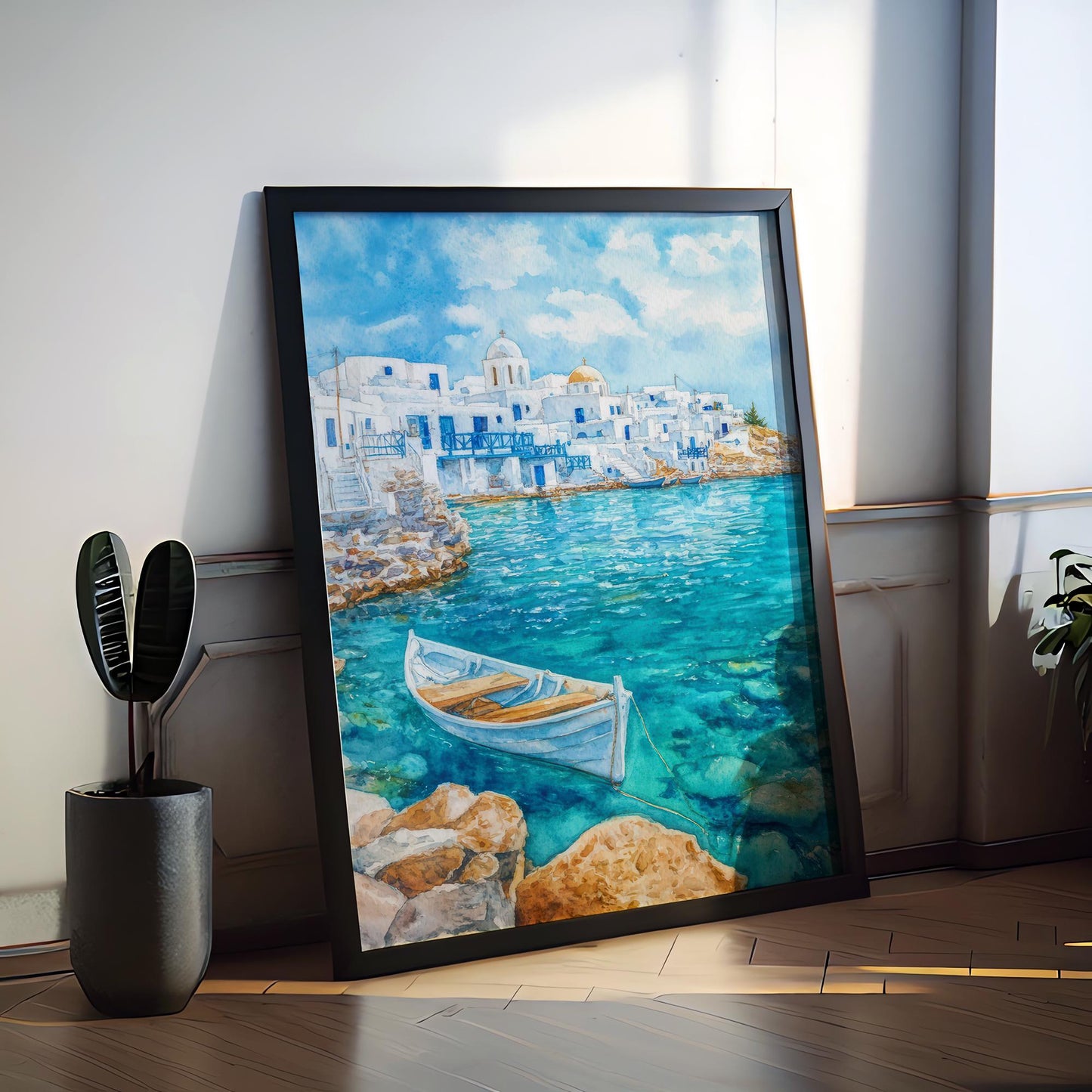 Paros Watercolor Poster Greece Travel Print Wall Art Home Decor Gift Greek Isle Souvenir Naoussa Beach Villages Wall Decor Hanging