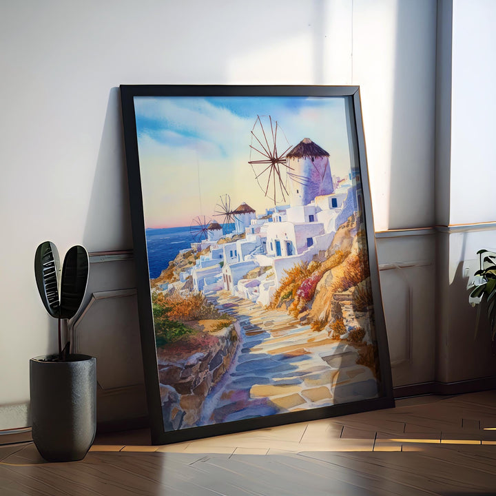 Mykonos Watercolor Poster Greece Travel Print Wall Art Home Decor Gift Greek Isle Souvenir Windmills Beach Party Wall Decor Hanging