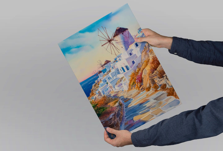 Mykonos Watercolor Poster Greece Travel Print Wall Art Home Decor Gift Greek Isle Souvenir Windmills Beach Party Wall Decor Hanging