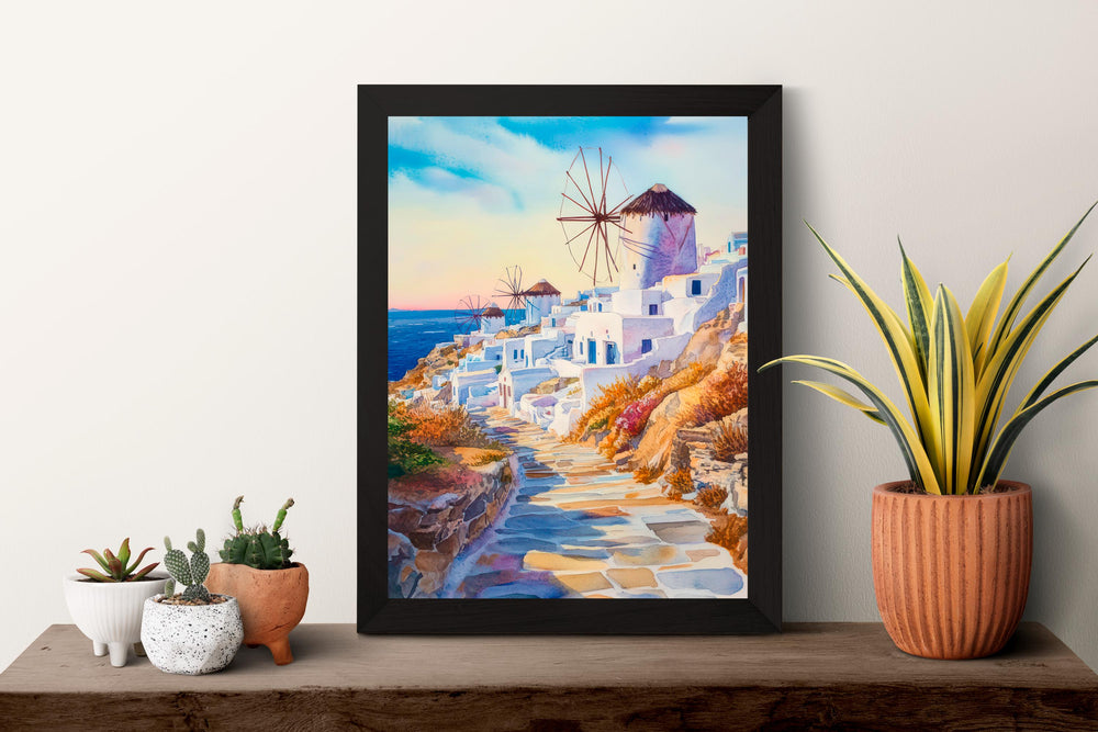 Mykonos Watercolor Poster Greece Travel Print Wall Art Home Decor Gift Greek Isle Souvenir Windmills Beach Party Wall Decor Hanging