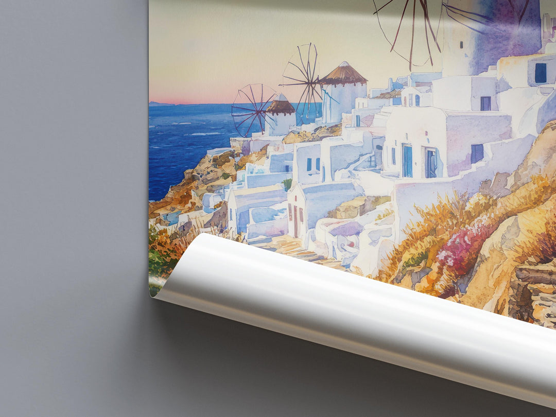 Mykonos Watercolor Poster Greece Travel Print Wall Art Home Decor Gift Greek Isle Souvenir Windmills Beach Party Wall Decor Hanging