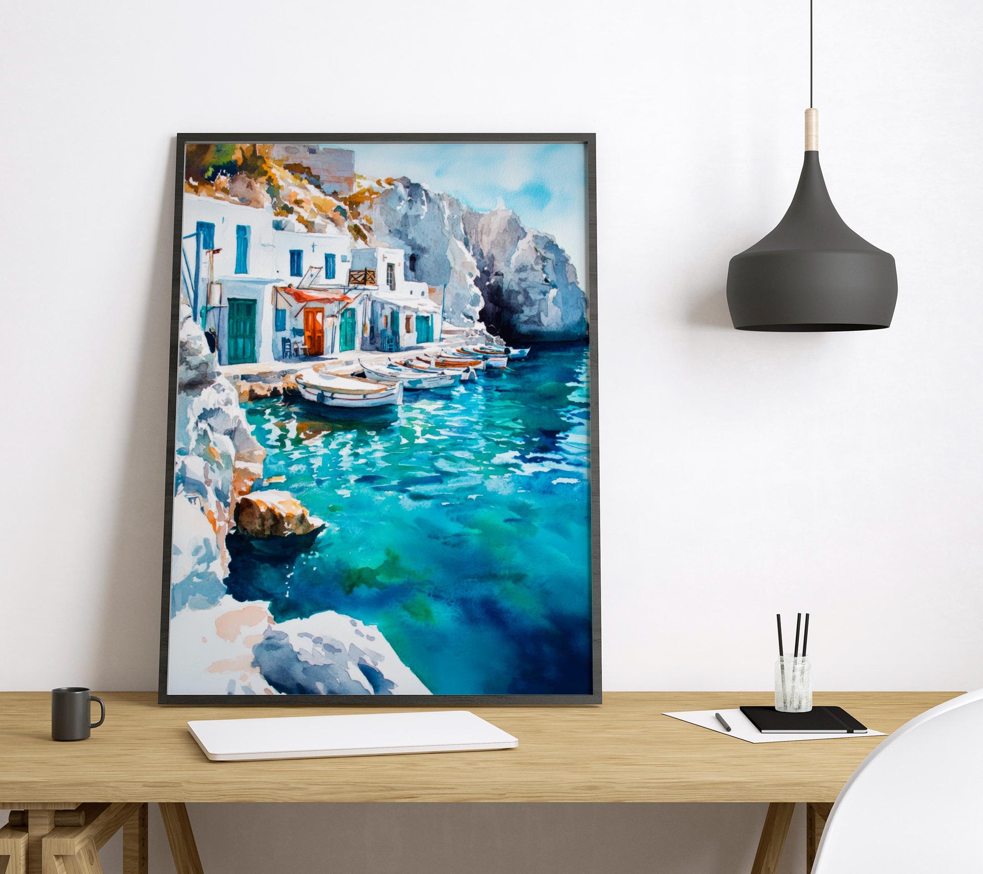 Milos Watercolor Poster Greece Travel Print Wall Art Home Decor Gift Greek Isle Souvenir Sarakiniko Beach Village Wall Decor Hanging