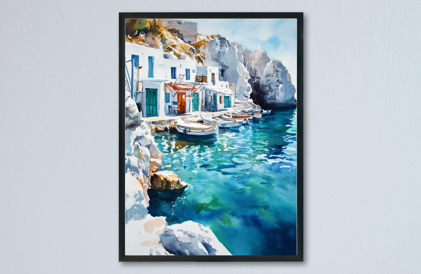 Milos Watercolor Poster Greece Travel Print Wall Art Home Decor Gift Greek Isle Souvenir Sarakiniko Beach Village Wall Decor Hanging