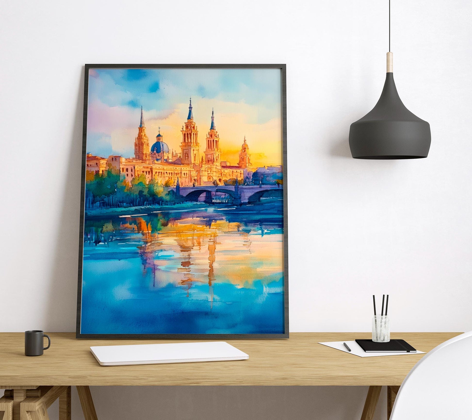 Zaragoza Watercolor Poster Spain Travel Print Wall Art Home Decor Gift Spanish City Souvenir Basilica Ebro River Wall Decor Hanging