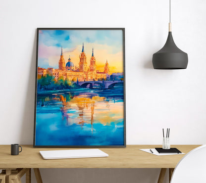 Zaragoza Watercolor Poster Spain Travel Print Wall Art Home Decor Gift Spanish City Souvenir Basilica Ebro River Wall Decor Hanging