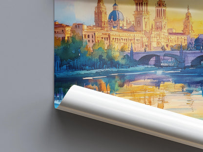 Zaragoza Watercolor Poster Spain Travel Print Wall Art Home Decor Gift Spanish City Souvenir Basilica Ebro River Wall Decor Hanging