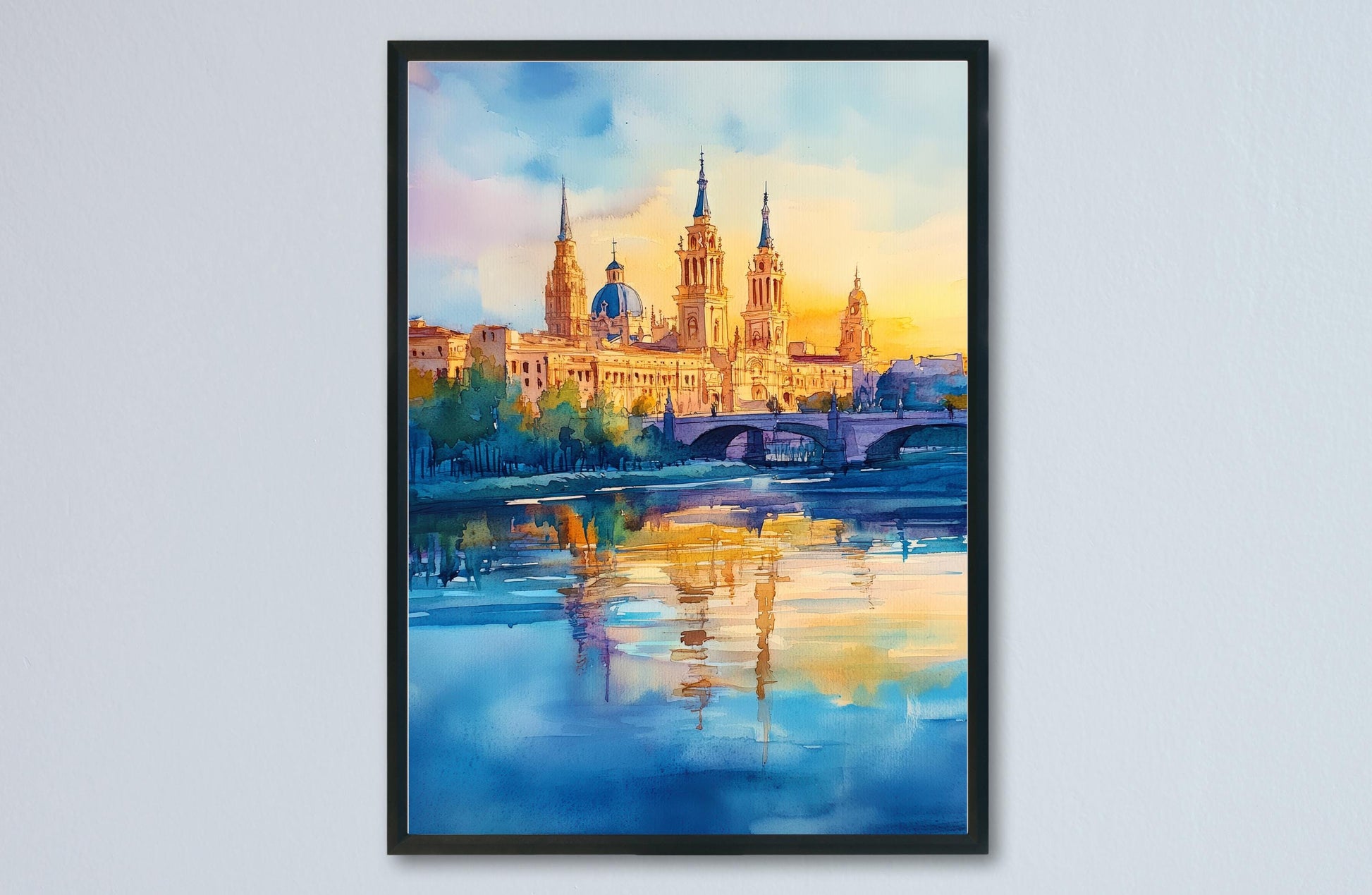 Zaragoza Watercolor Poster Spain Travel Print Wall Art Home Decor Gift Spanish City Souvenir Basilica Ebro River Wall Decor Hanging