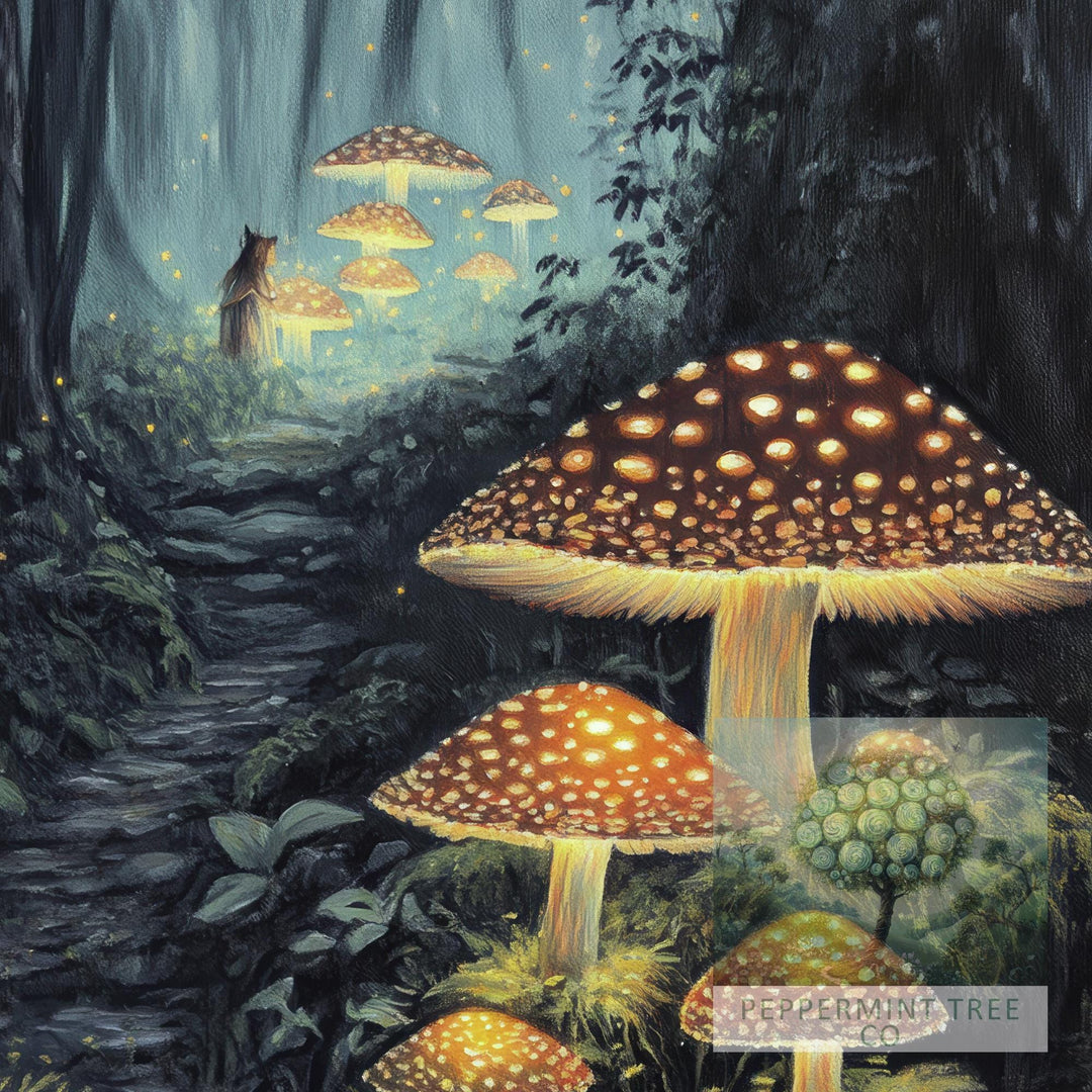 Mushroom Glow Worms Print: Vintage Cottagecore Woodland Art
