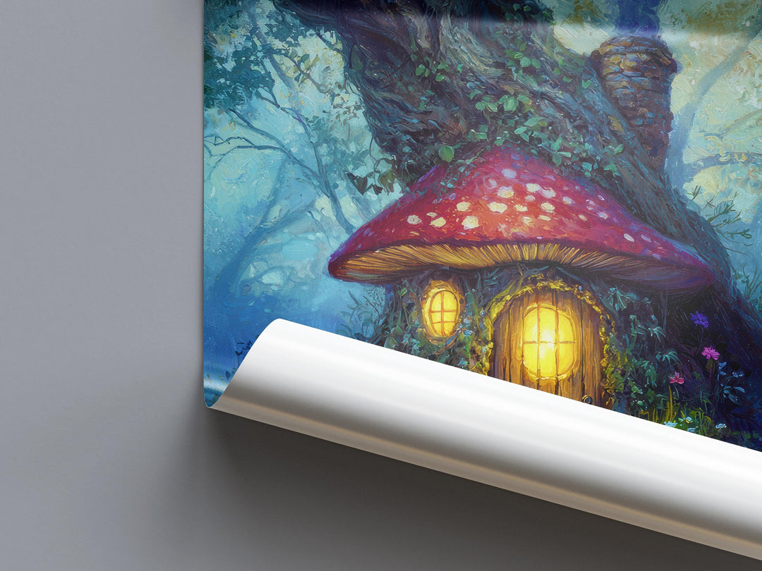 Toadstool Cottage Print: Whimsical Mushroom House, Enchanted Woodland Art