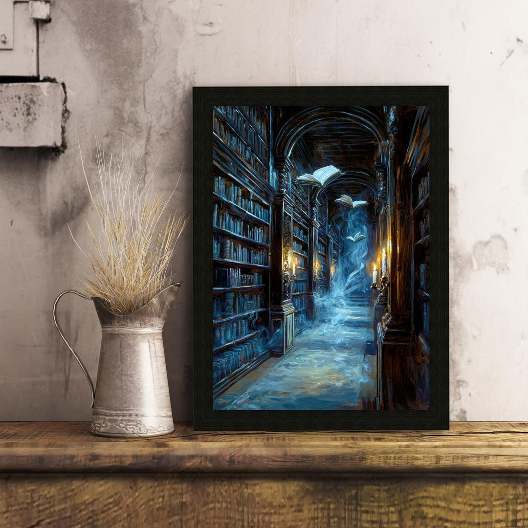 Ghost Library Print | Spooky Bookshelf, Dark Academia Wall Art