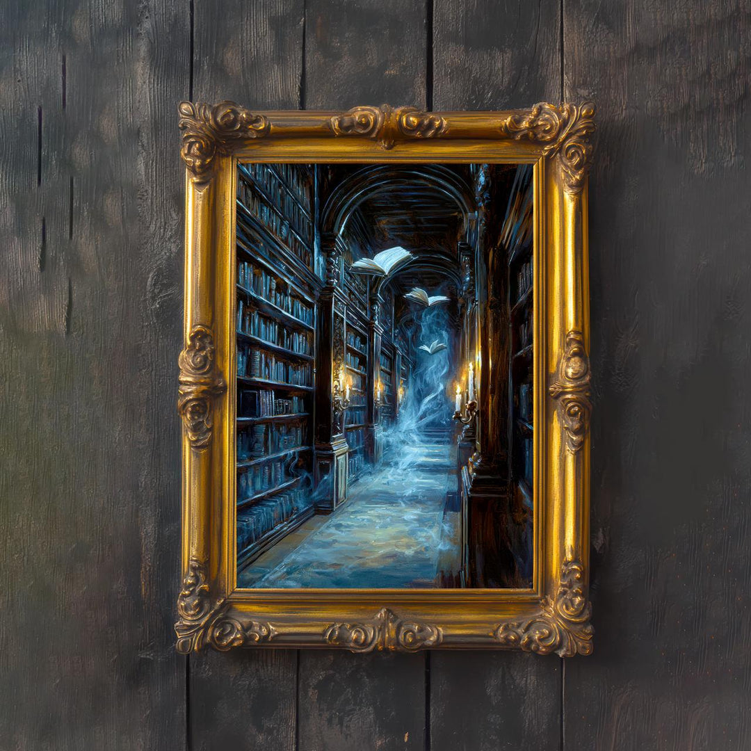 Ghost Library Print | Spooky Bookshelf, Dark Academia Wall Art