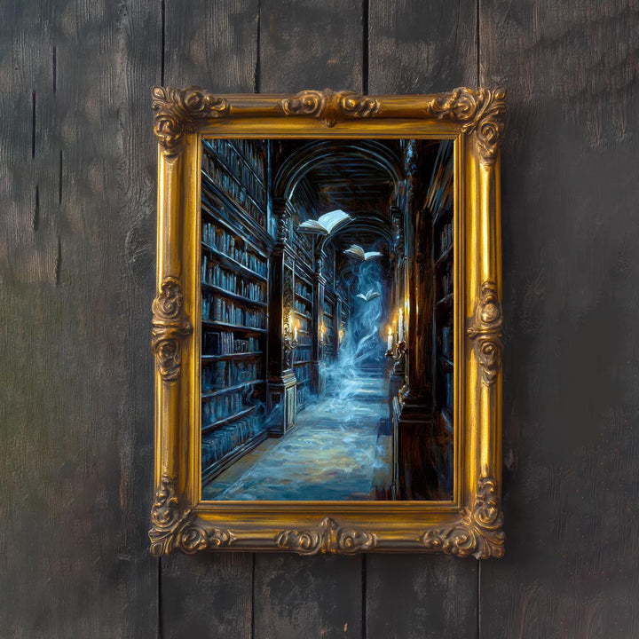 Ghost Library Print | Spooky Bookshelf, Dark Academia Wall Art