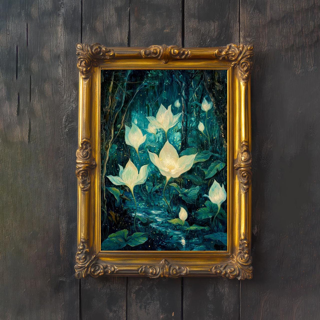 Moonflower Garden Art Print, Enchanted Floral Cottagecore Decor