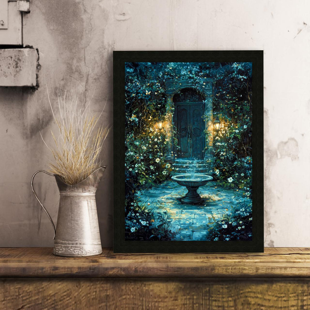 Garden Fountain Poster Enchanted Nature Artwork Magical Garden Illustration Cottagecore Wall Art Whimsical Botanical Print Vintage Fantasy