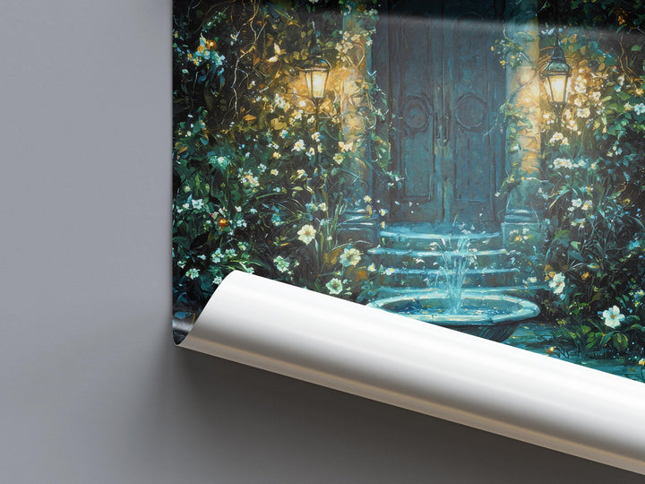 Garden Fountain Poster Enchanted Nature Artwork Magical Garden Illustration Cottagecore Wall Art Whimsical Botanical Print Vintage Fantasy