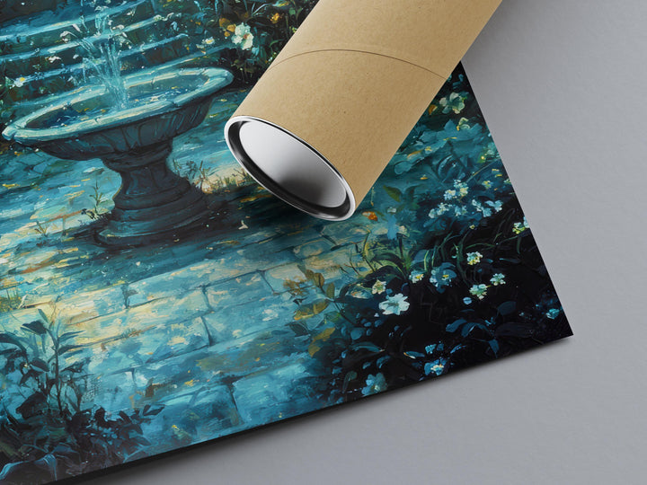Garden Fountain Poster Enchanted Nature Artwork Magical Garden Illustration Cottagecore Wall Art Whimsical Botanical Print Vintage Fantasy