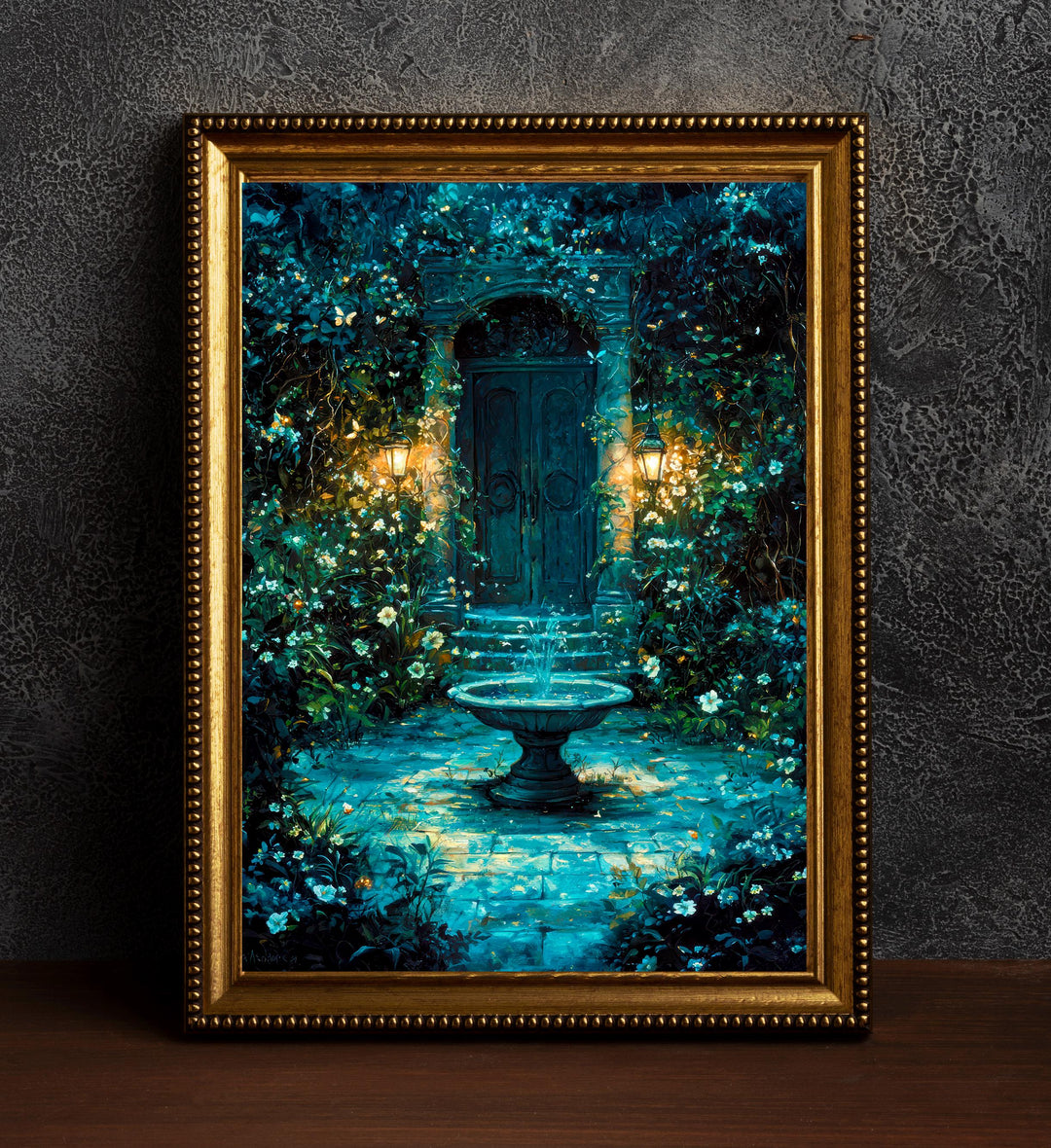 Garden Fountain Poster Enchanted Nature Artwork Magical Garden Illustration Cottagecore Wall Art Whimsical Botanical Print Vintage Fantasy