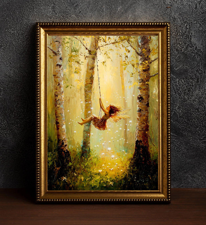 Fairy on Swing Poster Enchanted Woodland Artwork Magical Nature Illustration Cottagecore Wall Art Whimsical Fantasy Print Vintage Fairycore