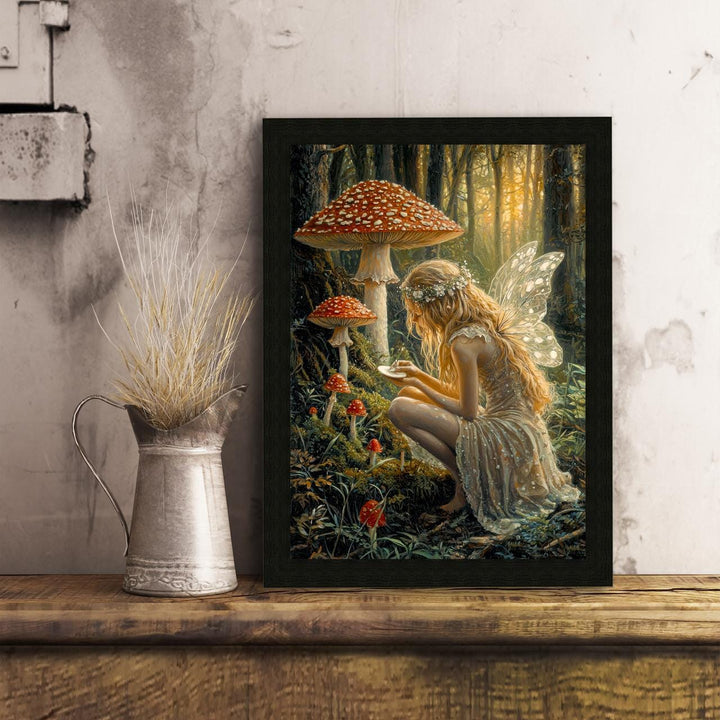 Fairy Painting Mushrooms Poster Enchanted Woodland Artwork Magical Nature Illustration Cottagecore Wall Art Whimsical Fantasy Print Vintage