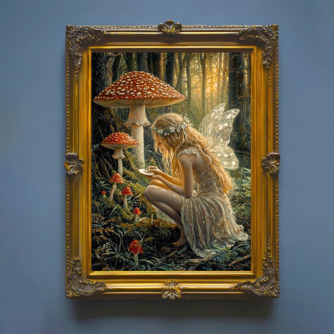 Fairy Painting Mushrooms Poster Enchanted Woodland Artwork Magical Nature Illustration Cottagecore Wall Art Whimsical Fantasy Print Vintage