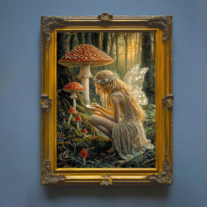 Fairy Painting Mushrooms Poster Enchanted Woodland Artwork Magical Nature Illustration Cottagecore Wall Art Whimsical Fantasy Print Vintage