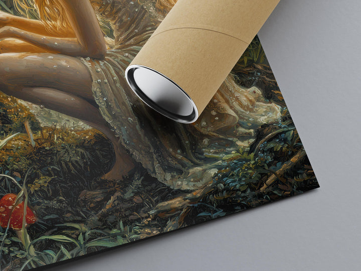 Fairy Painting Mushrooms Poster Enchanted Woodland Artwork Magical Nature Illustration Cottagecore Wall Art Whimsical Fantasy Print Vintage
