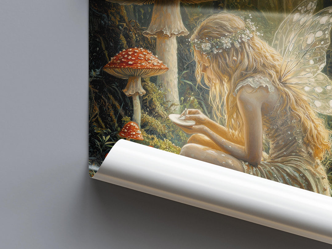 Fairy Painting Mushrooms Poster Enchanted Woodland Artwork Magical Nature Illustration Cottagecore Wall Art Whimsical Fantasy Print Vintage