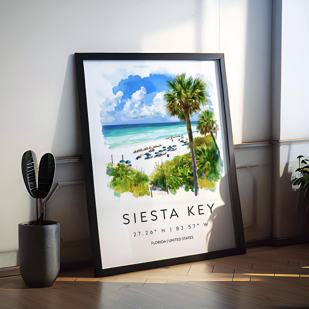 Siesta Key Watercolor Poster Wall Art Florida Home Décor USA Art Lover Gift, Travel Souvenir Print Siesta Key Wall Hanging Florida Poster