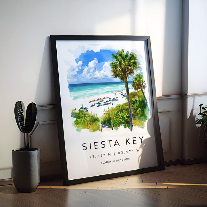 Siesta Key Watercolor Poster Wall Art Florida Home Décor USA Art Lover Gift, Travel Souvenir Print Siesta Key Wall Hanging Florida Poster
