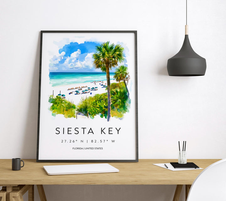 Siesta Key Watercolor Poster Wall Art Florida Home Décor USA Art Lover Gift, Travel Souvenir Print Siesta Key Wall Hanging Florida Poster