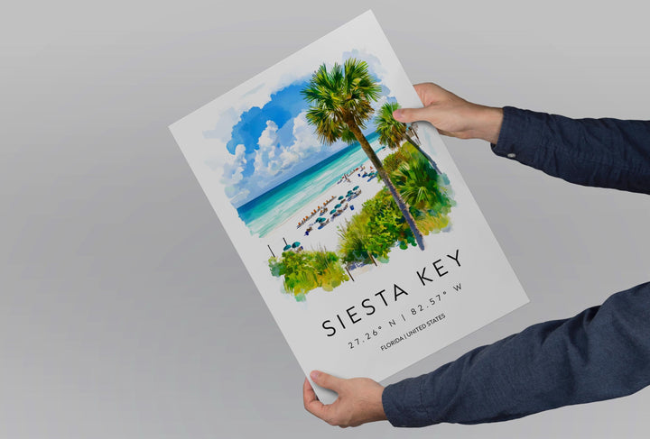 Siesta Key Watercolor Poster Wall Art Florida Home Décor USA Art Lover Gift, Travel Souvenir Print Siesta Key Wall Hanging Florida Poster