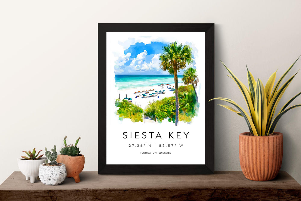 Siesta Key Watercolor Poster Wall Art Florida Home Décor USA Art Lover Gift, Travel Souvenir Print Siesta Key Wall Hanging Florida Poster