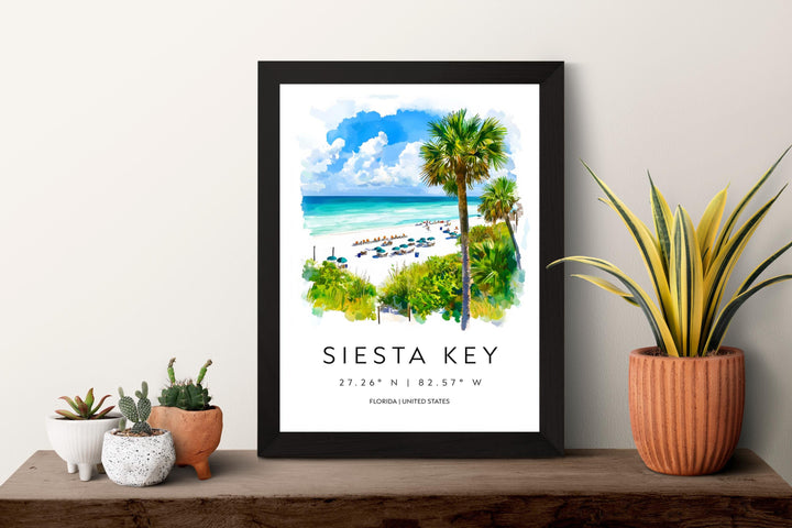 Siesta Key Watercolor Poster Wall Art Florida Home Décor USA Art Lover Gift, Travel Souvenir Print Siesta Key Wall Hanging Florida Poster