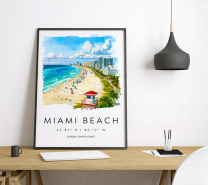 Miami Beach Watercolor Poster Wall Art Miami Beach Wall Decor Home Décor Miami Beach Gift USA Art Lover Gift, Travel Souvenir Print