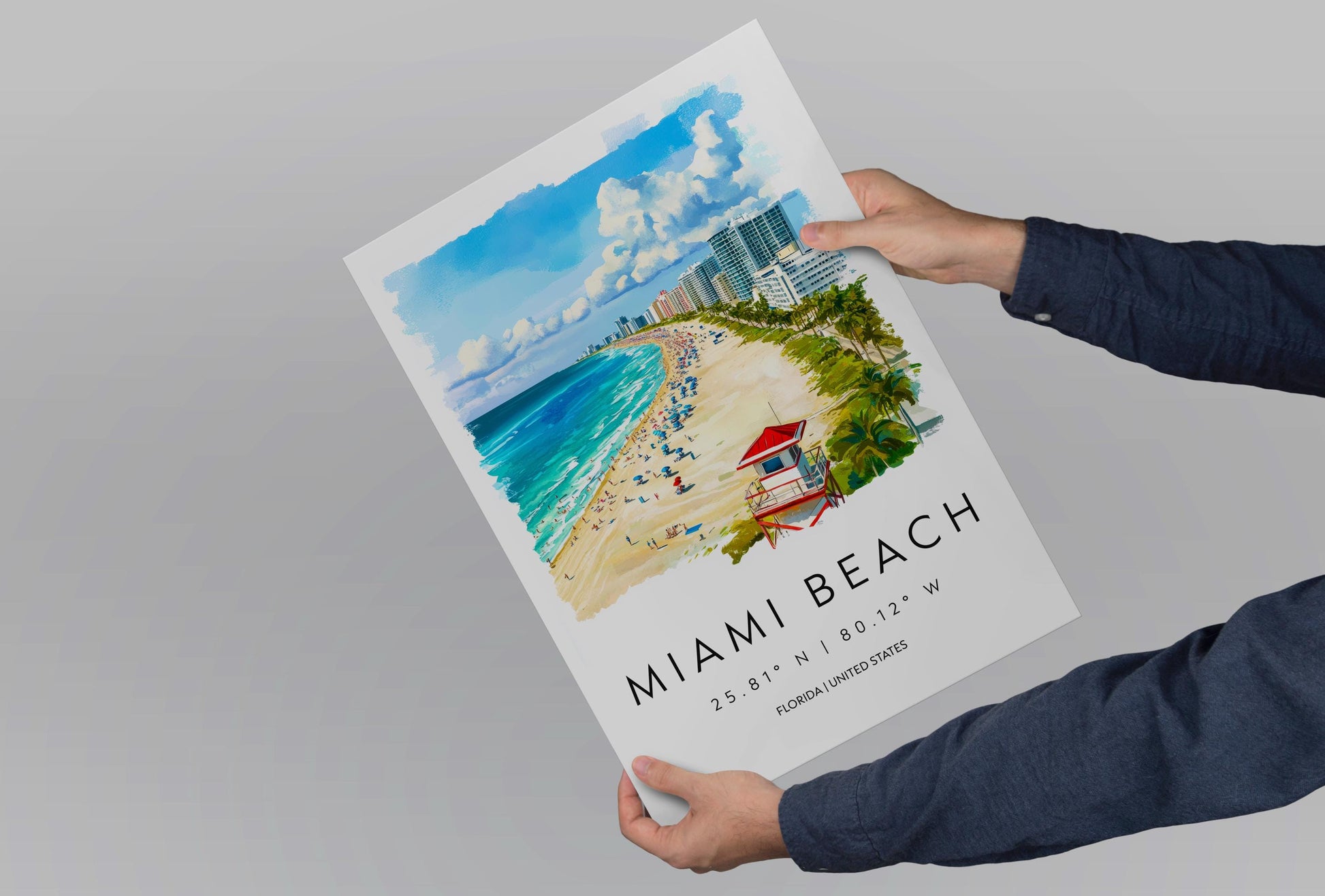 Miami Beach Watercolor Poster Wall Art Miami Beach Wall Decor Home Décor Miami Beach Gift USA Art Lover Gift, Travel Souvenir Print