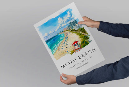 Miami Beach Watercolor Poster Wall Art Miami Beach Wall Decor Home Décor Miami Beach Gift USA Art Lover Gift, Travel Souvenir Print