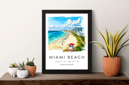 Miami Beach Watercolor Poster Wall Art Miami Beach Wall Decor Home Décor Miami Beach Gift USA Art Lover Gift, Travel Souvenir Print