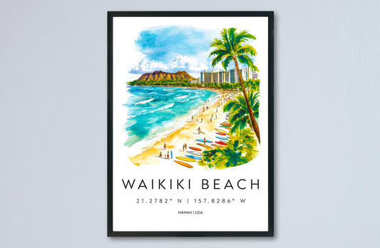 Waikiki Beach watercolor poster Wall Art Waikiki Beach Wall Hanging Home Décor Waikiki Beach Gift Art Lovers Hawaii Art Lover Gift Hawaii