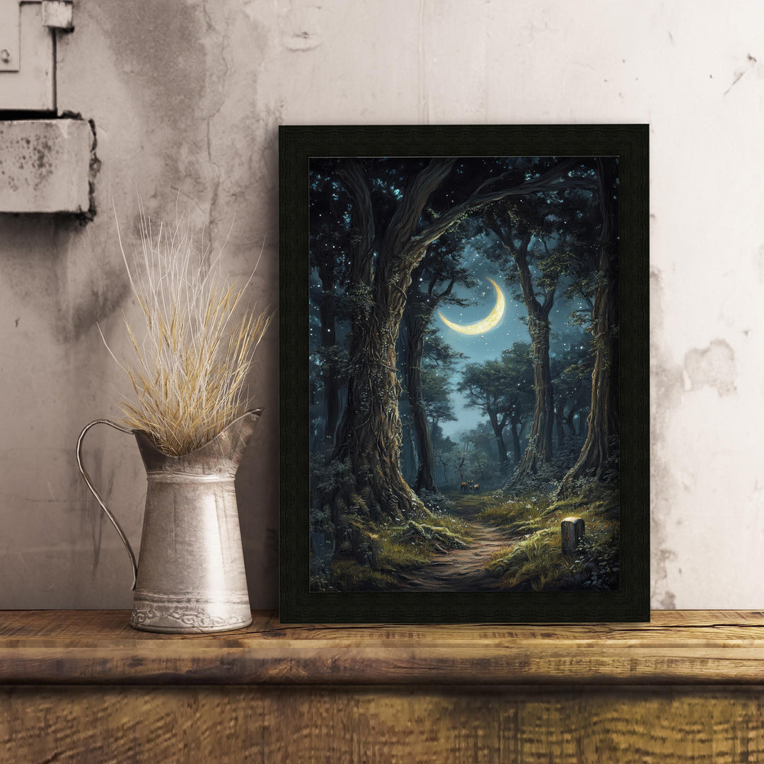 Moonlight Forest Print, Vintage Cottagecore Nature Art