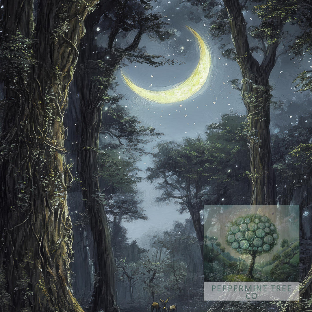 Moonlight Forest Print, Vintage Cottagecore Nature Art