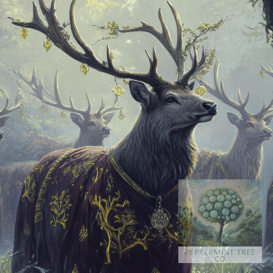 Velvet Cloaked Stags Print | Vintage Cottagecore Forest Art
