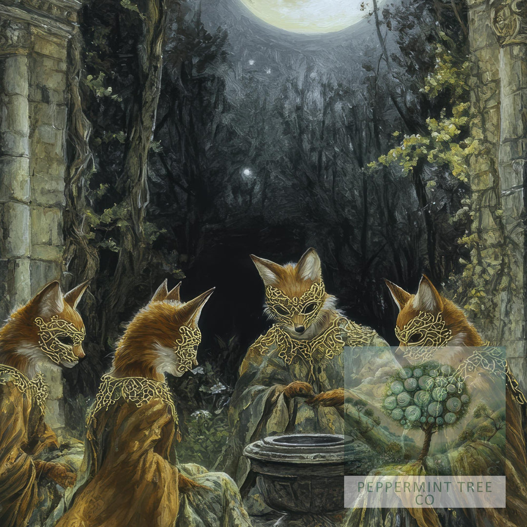 Fox Masked Dancers Print | Vintage Cottagecore Forest Art