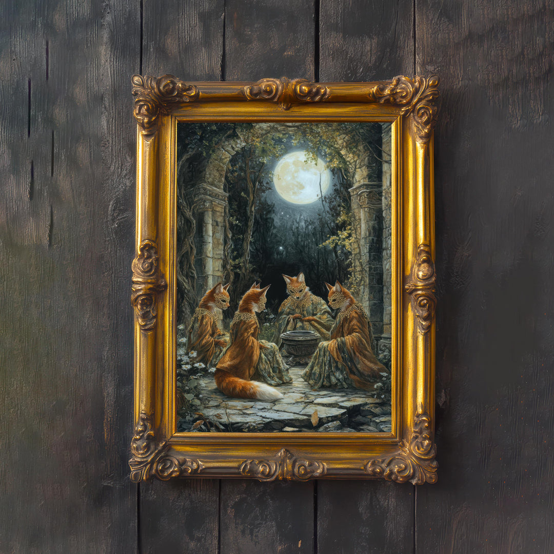 Fox Masked Dancers Print | Vintage Cottagecore Forest Art