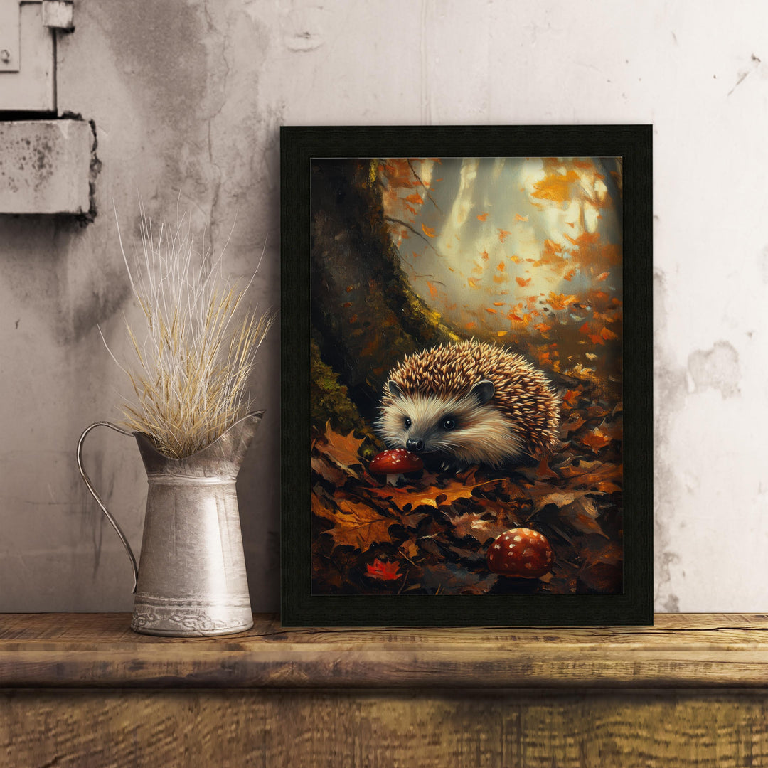 Hedgehog Autumn Print, Vintage Forest Cottagecore Art