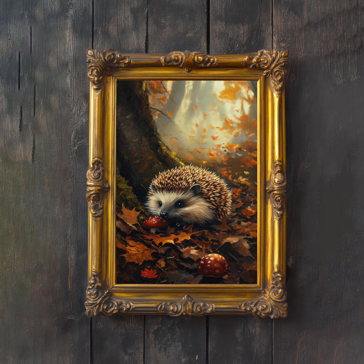 Hedgehog Autumn Print, Vintage Forest Cottagecore Art